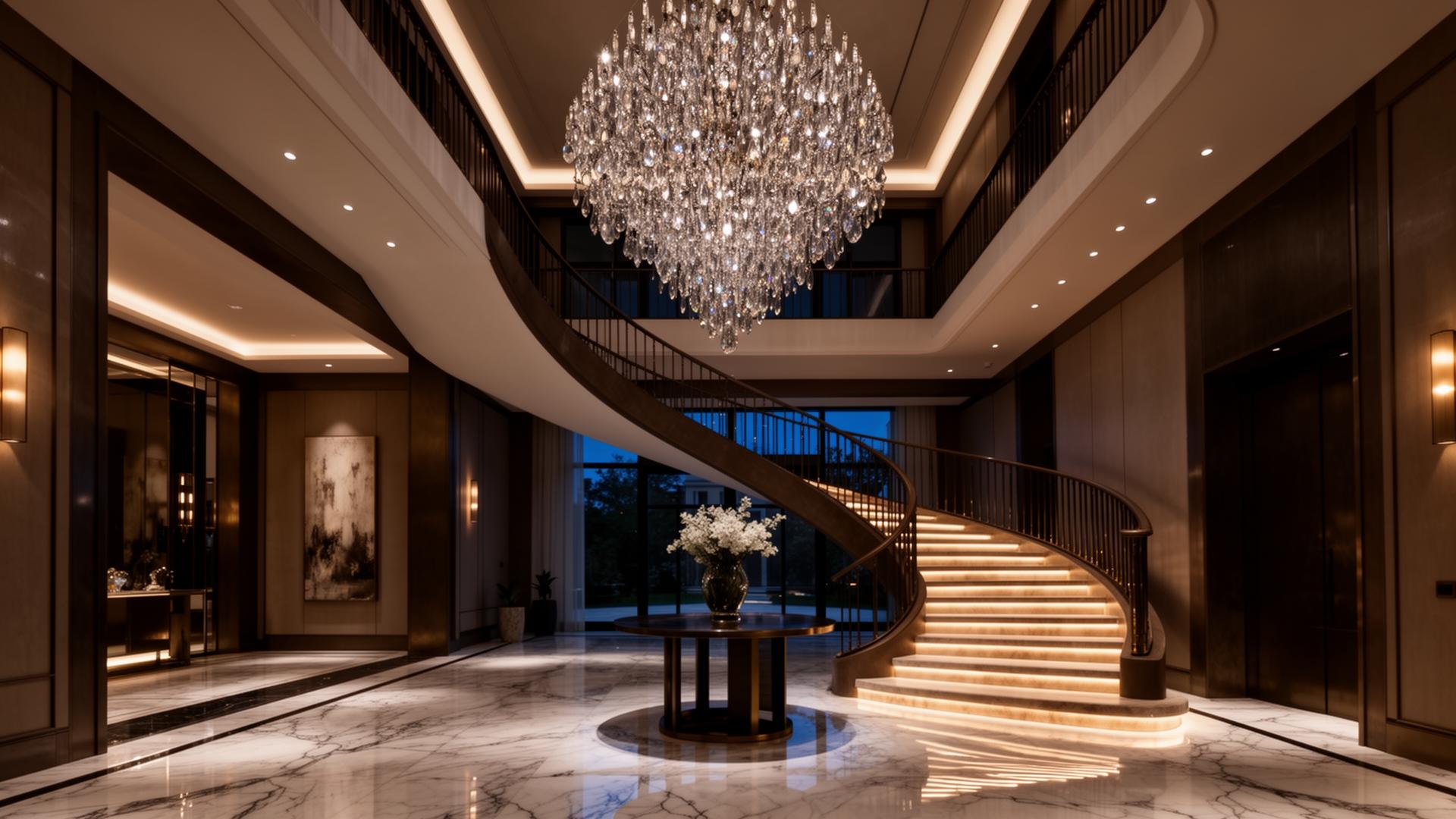 Grand modern entrance with sweeping staircase and crystal chandelier